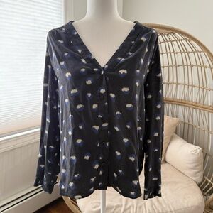 Amour Vert 100% Silk Button Front Blouse Blue Abstract Print Size L